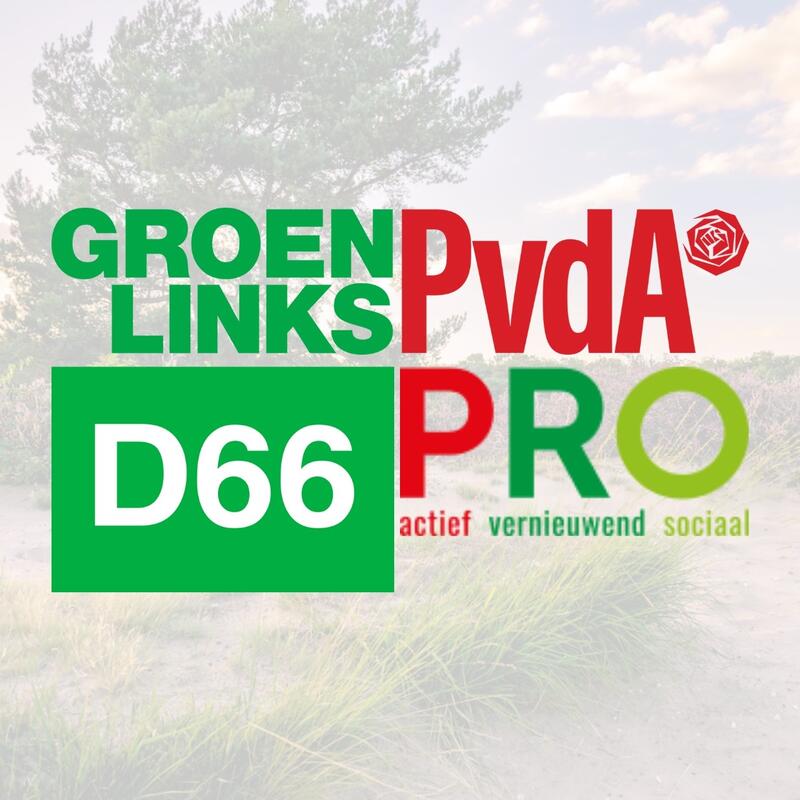 De logo's van GroenLinks, PvdA, D66 en PRO in vier hoeken van een denkbeeldig vierkant. Op de achtergrond een foto van natuur door een laag transparant witte laag gefilterd.